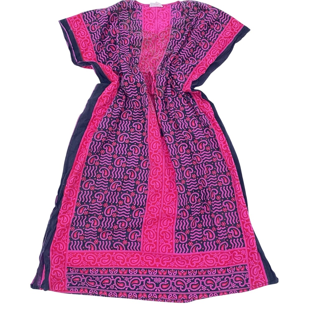 J Gee Pink Black Paisley Cotton Kaftan Dress One Size Boho Beach Coverup India